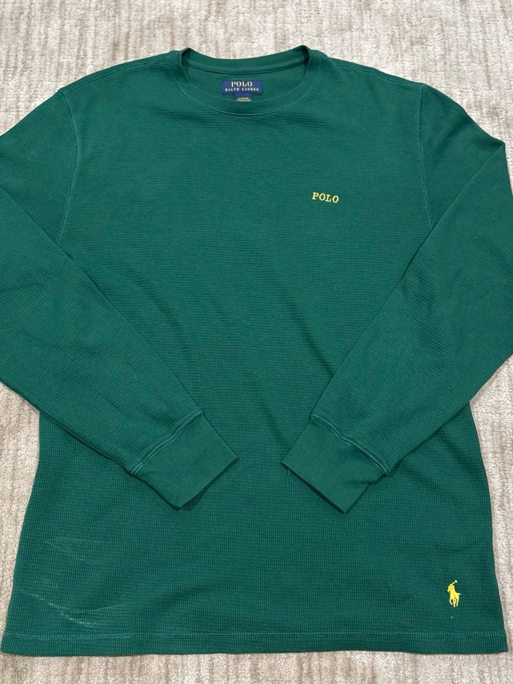 Polo by Ralph Lauren Deep Green Waffle Long-Sleeve Shirt with Yellow Logo